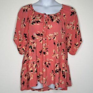 Torrid Womens Coral Pink Floral Babydoll Crinkle Gauze Tiered Top 2X Boho